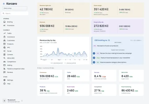 Korzaro dashboard: revenue, margins, sales trends and three recommendations for the week.