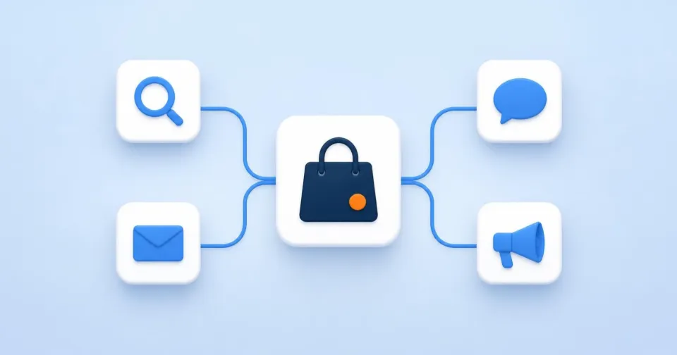 Four channel cards – search, social, email and advertising – all draw lines to the same single order.