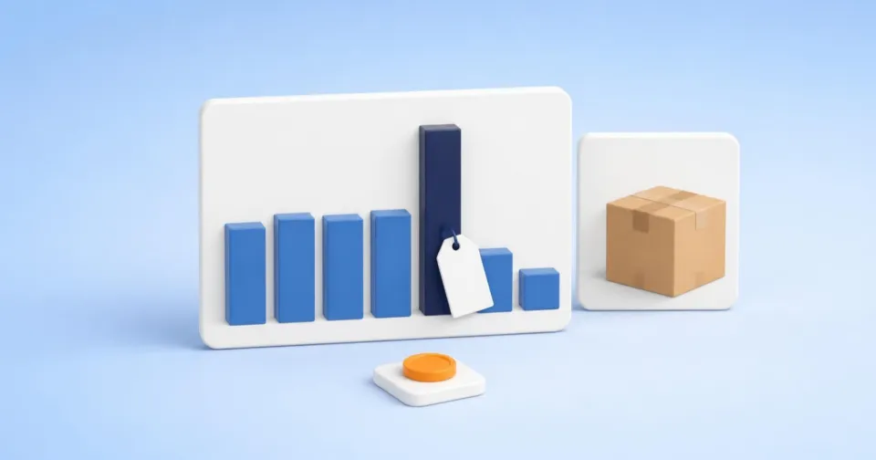 A tall sales bar during a discount promotion, lower bars after it, and only a small coin of real profit in front of the card.