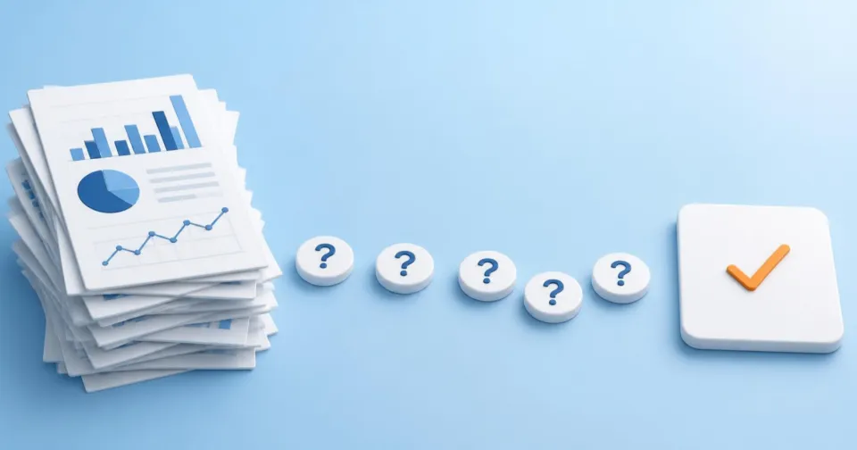A stack of reports narrows through five questions into a single decision card with an orange check mark.