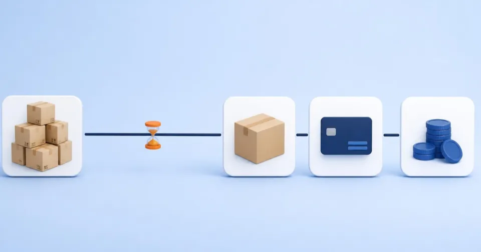Money’s path from stock through a parcel and a payment to a small stack of coins; the longest stretch, marked with an hourglass, starts at the stock.