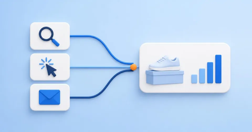 Tři dráhy – vyhledávání, reklama a e-mail – se sbíhají do jedné společné produktové karty.