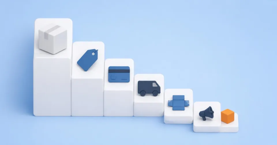 An order parcel steps down past discount, payment, delivery, packaging and advertising icons, leaving only a small orange cube at the end.